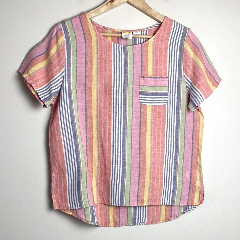 C&C California Rainbow Stripe Linen Blouse Colorful Short Sleeve Top Size M - Picture 1 of 8
